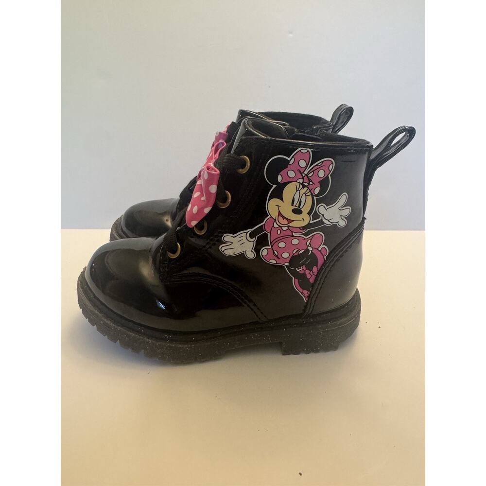 Disney Minnie Mouse Boots Toddler Girls Size 6 Black Patent Bow Zip - Picture 2 of 7